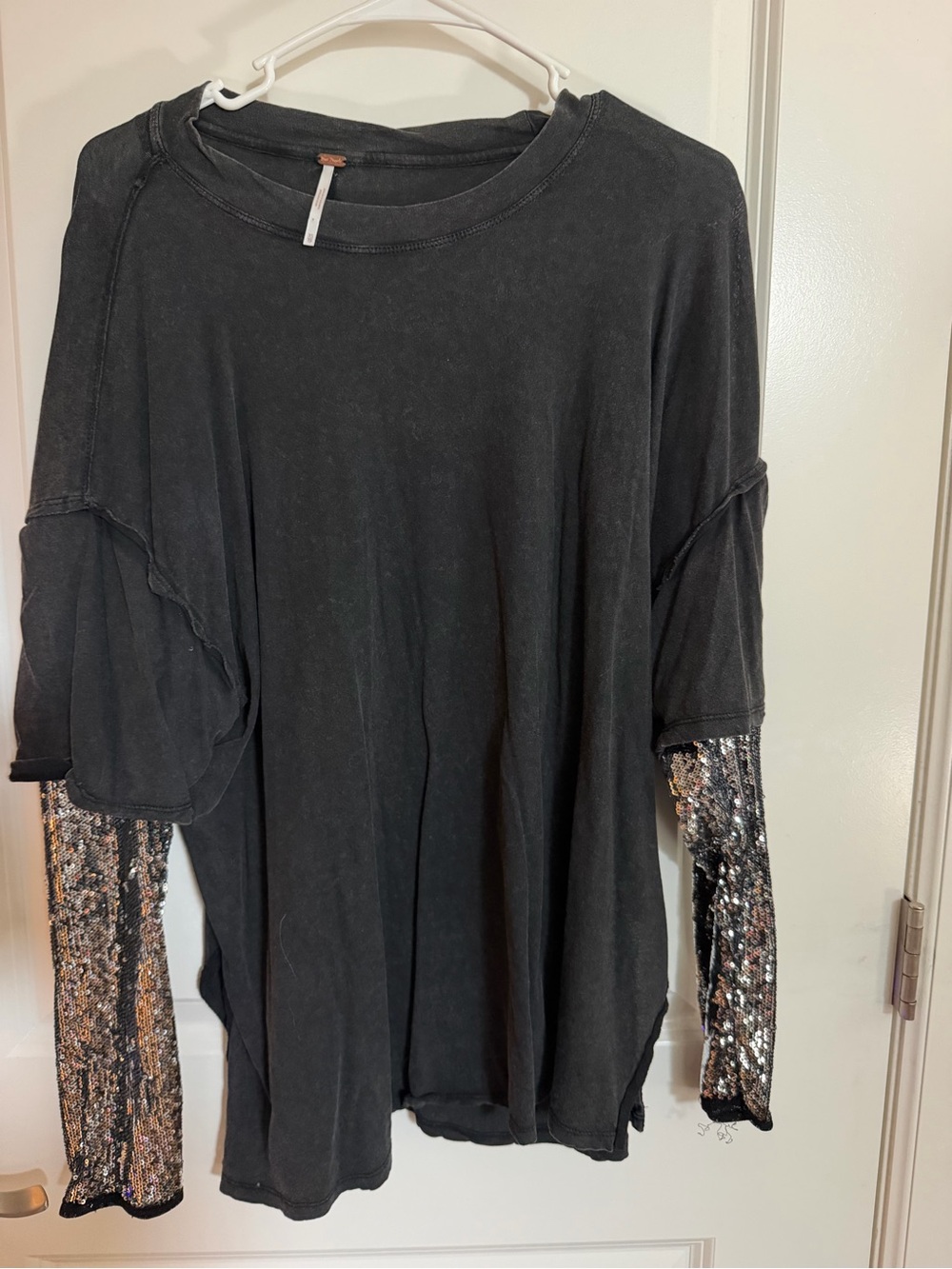 Free People Black Tee with Silver Sequin Long Sleeves